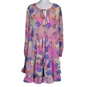 Womens Boho Babydoll Tiered Dress Patchwork Print Tassel Tie Neck Long Sleeve XL